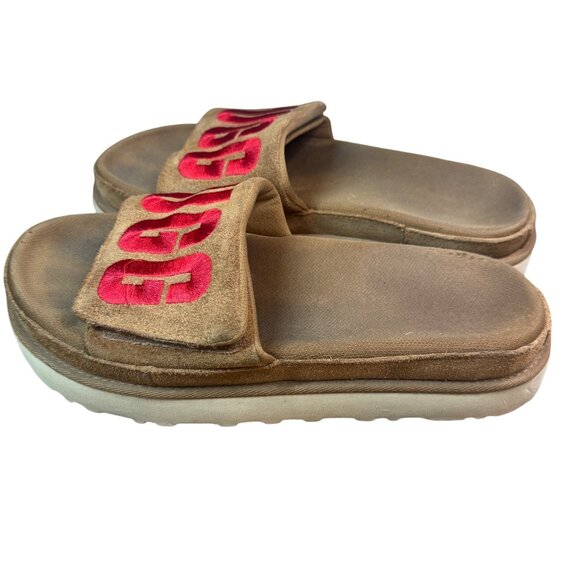 UGG Women's Brown Slide Sandals With Red Logo Straps Size 9 - Picture 2 of 10
